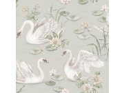 Tapeta na zeď, šedo-zelená, labutě, Newbie Wallpaper, Borastapeter