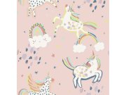 Růžová tapeta s duhami a jednorožci