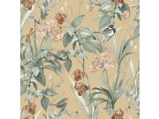 Béžová tapeta s květinami a ptáčky