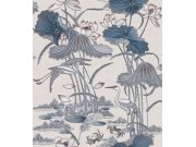 Tapety Yara - Šedo-modrá tapeta s lekníny a ptáky Šedo-modrá tapeta s lekníny a ptáky