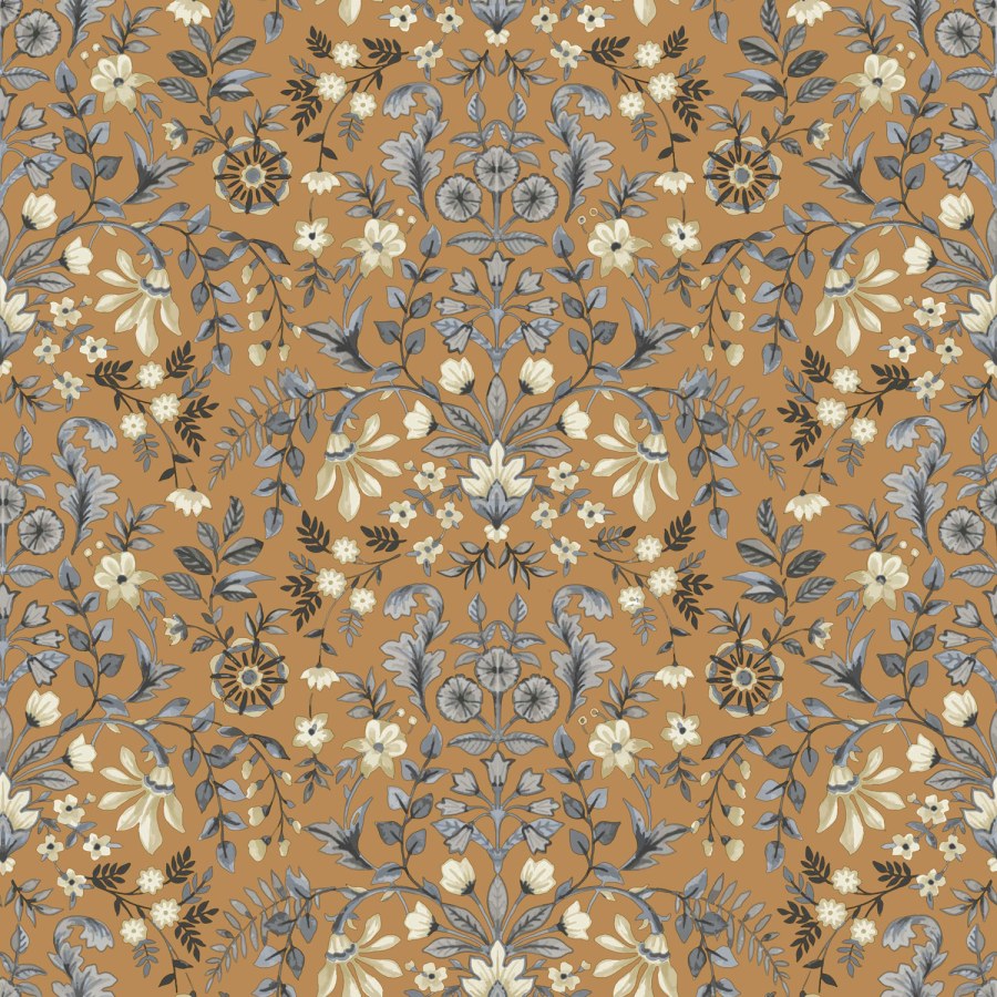 Tmavě okrová Tapeta s květinovým ornamentálním vzorem - Tapety Yara
