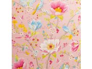 Tapety Yara - Růžová tapeta s květinami a ptáčky 341001 Růžová tapeta s květinami a ptáčky 341001