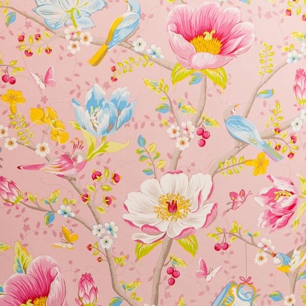 Tapety Yara - Růžová tapeta s květinami a ptáčky 341001 Růžová tapeta s květinami a ptáčky 341001 - Tapety Yara