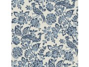 Tapety Yara - Modro-bílá tapeta s květinami a ptáky Modro-bílá tapeta s květinami a ptáky