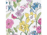 Bílá květinová tapeta s motýly