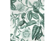 Šedo-zelená tapeta s květinami a ptáky