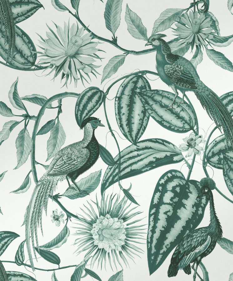 Šedo-zelená tapeta s květinami a ptáky - Tapety Yara