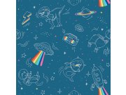 Tapety Yara - Modrá tapeta - zvířátka a dinosauři ve Vesmíru - M36801 Modrá tapeta - zvířátka a dinosauři ve Vesmíru - M36801