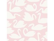 Metalická růžová tapeta s labutěmi - 347708