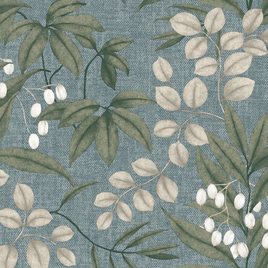 Modrá tapeta s větvičkami a listy Modrá tapeta s větvičkami a listy