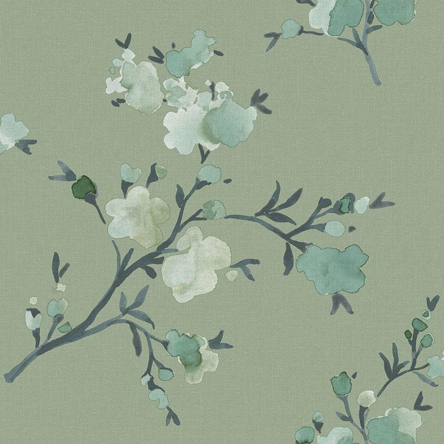Tapeta zelená s rozkvetlými větvičkami 148718 - Tapety Yara