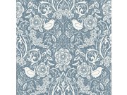 Tapety Yara - Modrá tapeta s rostlinami a ptáčky Modrá tapeta s rostlinami a ptáčky