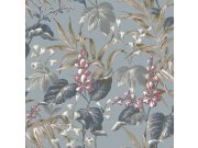 Tapety Yara - Modrá tapeta s květinami a listy Modrá tapeta s květinami a listy