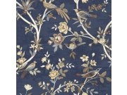 Tapety Yara - Modrá tapeta s květinami a ptáčky Modrá tapeta s květinami a ptáčky