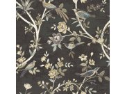 Tapety Yara - Černá tapeta s květinami a ptáčky Černá tapeta s květinami a ptáčky