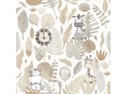 Tapety Yara - Šedo-béžová tapeta se zvířátky a listy Šedo-béžová tapeta se zvířátky a listy