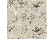 Hnědo-béžová tapeta s květinami a ptáčky