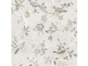 Šedo-béžová tapeta s květinami a ptáčky