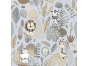 Tapety Yara - Modrá tapeta se zvířátky a listy Modrá tapeta se zvířátky a listy