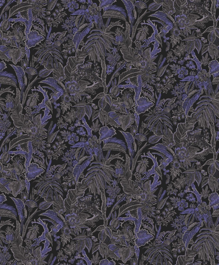 Černo-modrá tapeta s květinami a listy