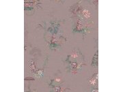 Starorůžová tapeta s květinami a pávy