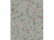 Šedo-zelená tapeta s větvičkami a ptáčky