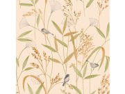 Tapeta na zeď, béžovo-zelená, luční trávy, ptáčci, Inia, Grandeco