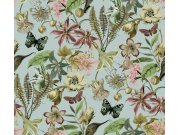 Tapety Yara - Tyrkysová tapeta s květinami a motýly Tyrkysová tapeta s květinami a motýly