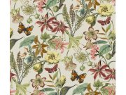 Krémová tapeta s květinami a motýly