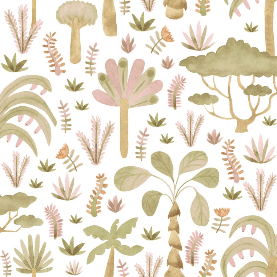 Tapeta na zeď, růžová, zelená, tropická rostliny, Momi, Parato by Cristiana Masi - Tapety Yara