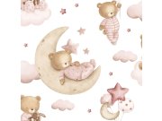 Tapeta na zeď, růžová, hnědá, medvídci, hvězdičky a balony, Momi, Parato by Cristiana Masi