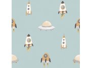 Tapeta na zeď, modrá, žlutá, vesmírné lodě, Momi, Parato by Cristiana Masi