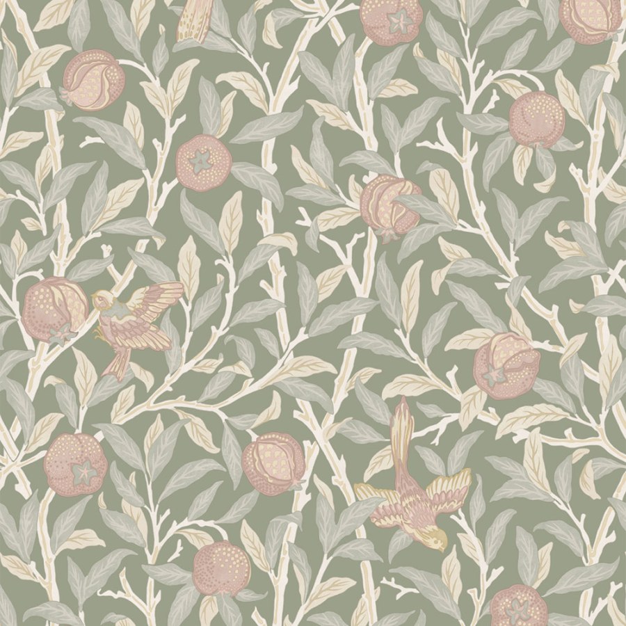 Tapeta na zeď, zelená, růžová, větvičky, ptáci, William Morris at Home vol. 2