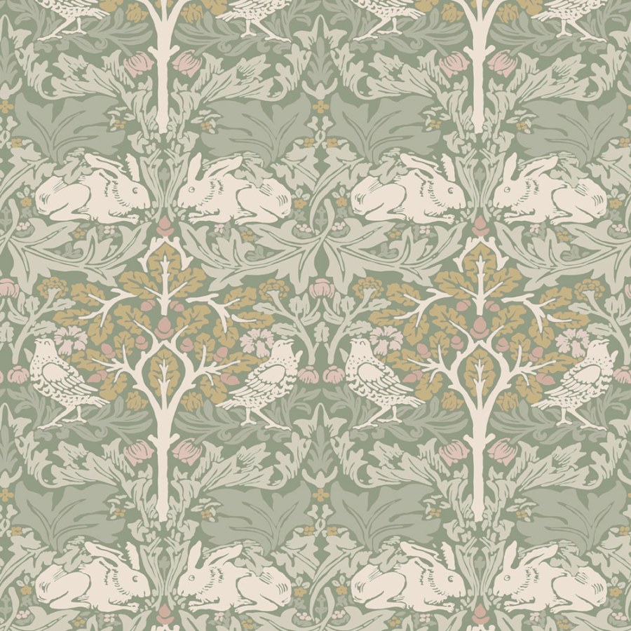 Tapeta na zeď, šedá, zelená, listy, stromy, ptáci, zajíčci, William Morris at Home vol. 2 - Tapety Yara