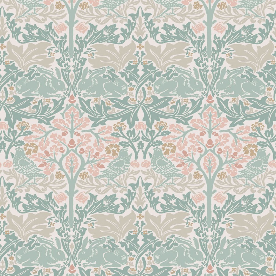Tapeta na zeď, zelená, růžová, listy, stromy, ptáci, zajíčci, William Morris at Home vol. 2 - Tapety Yara