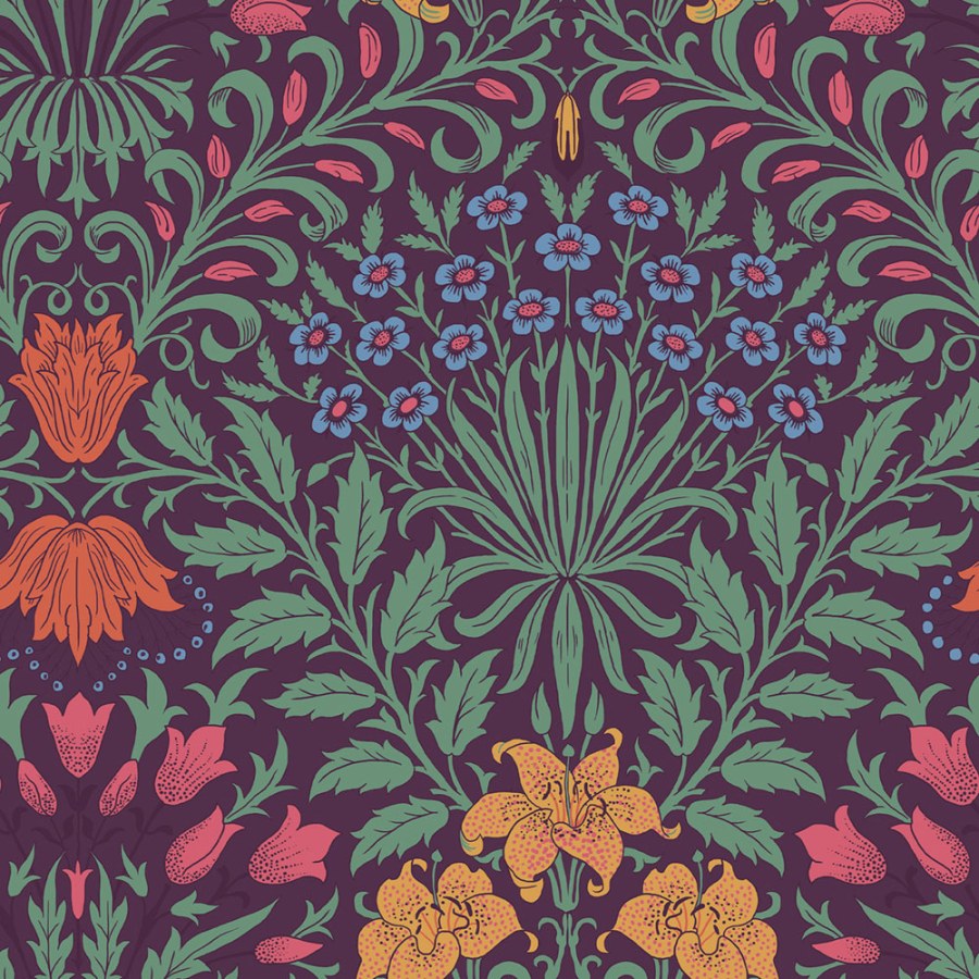 Tapeta na zeď, fialová, zelená, květiny, listy, William Morris at Home vol. 2