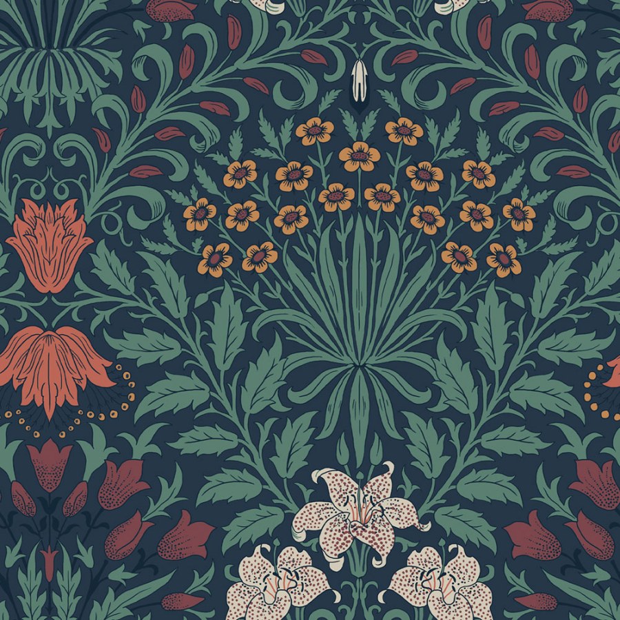 Tapeta na zeď, modrá, červená, květiny, listy, William Morris at Home vol. 2