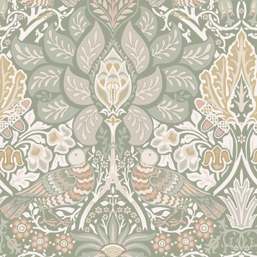 Tapeta na zeď, zelená, růžová, květiny, ptáci, William Morris at Home vol. 2 - Tapety Yara