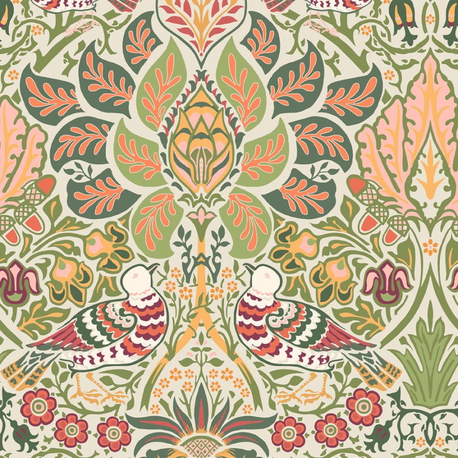 Tapeta na zeď, olivová, červená, květiny, ptáci, William Morris at Home vol. 2 - Tapety Yara