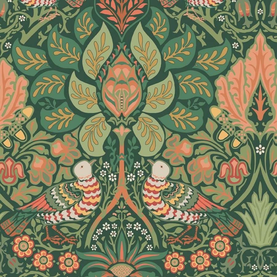 Tapeta na zeď, zelená, červená, květiny, ptáci, William Morris at Home vol. 2 - Tapety Yara