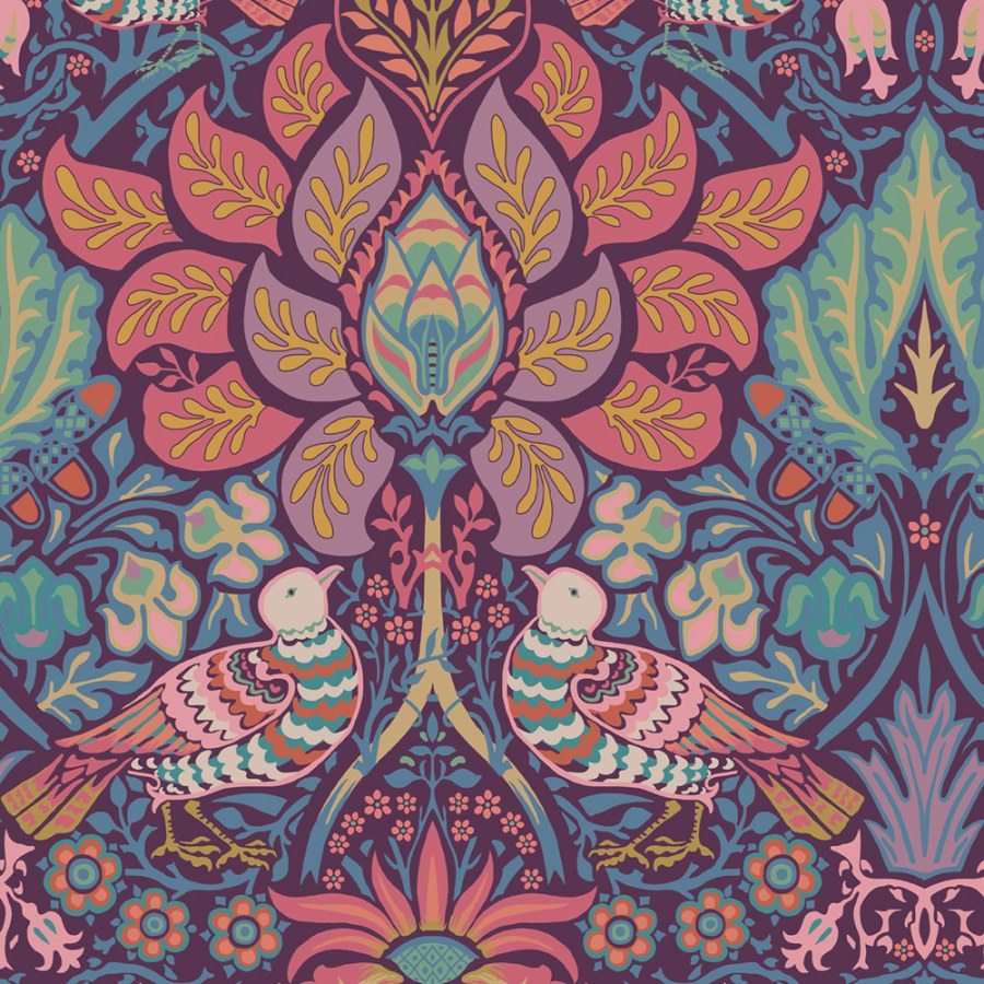 Tapeta na zeď, fialová, růžová, květiny, ptáci, William Morris at Home vol. 2 - Tapety Yara