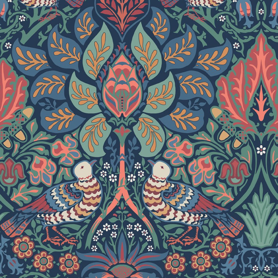 Tapeta na zeď, modrá, oranžová, květiny, ptáci, William Morris at Home vol. 2