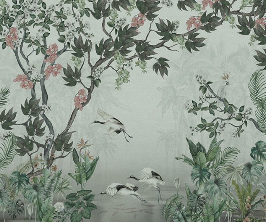 Obrazová tapeta na zeď, šedá, růžová, orchideje, jeřábi, 30196, The New Bombay Design Edition, Marburg