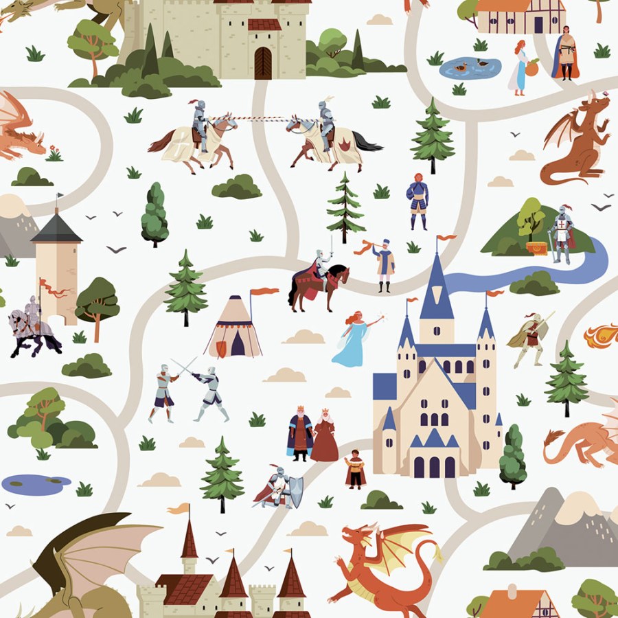 Tapeta se zvířátky, béžová, modrá, rytíři, hrady, Sweet Dreams, Ugépa Tapeta se zvířátky, béžová, modrá, rytíři, hrady, Sweet Dreams, Ugépa