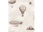 Tapeta na zeď, hnědá, béžová, balóny, vzducholodě, Tiny Treasures, Eijffinger