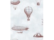 Tapeta na zeď, bledě modrá, vínová, balóny, vzducholodě, Tiny Treasures, Eijffinger