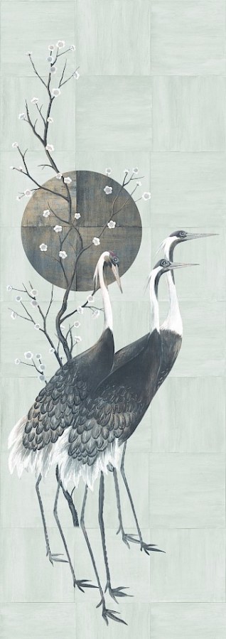Obrazová tapeta na zeď, šedá, bílá, stojící jeřábi, Traces, Masureel Obrazová tapeta na zeď, šedá, bílá, stojící jeřábi, Traces, Masureel