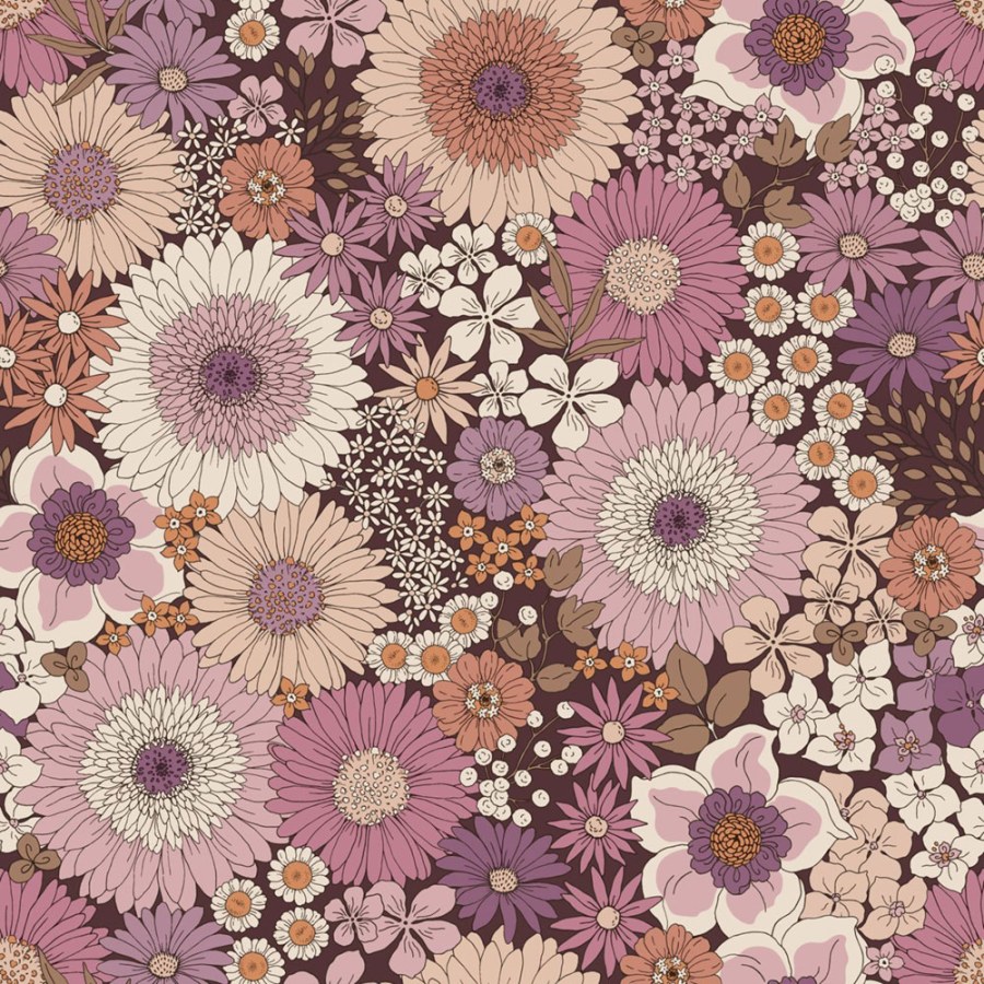 Retro tapeta s květinami, fialová / purpurová, Floral Fever, Esta Home - Tapety Yara