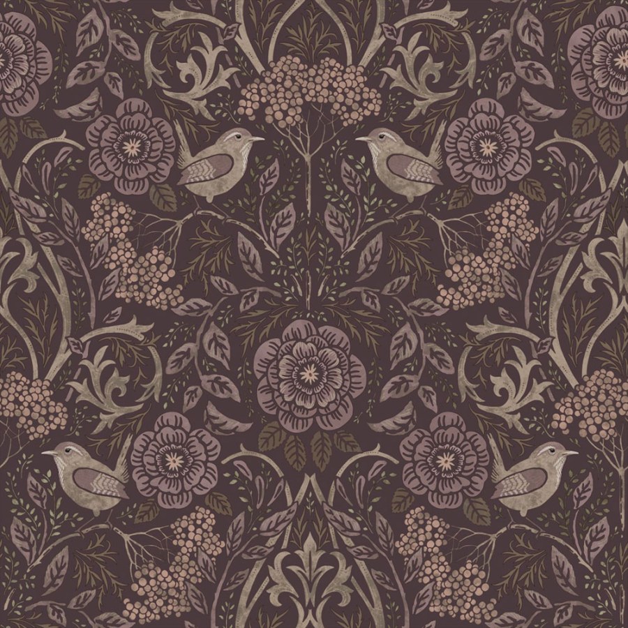 Tapeta s květinami a ptáky, purpurová fialová, Floral Fever, Esta Home - Tapety Yara