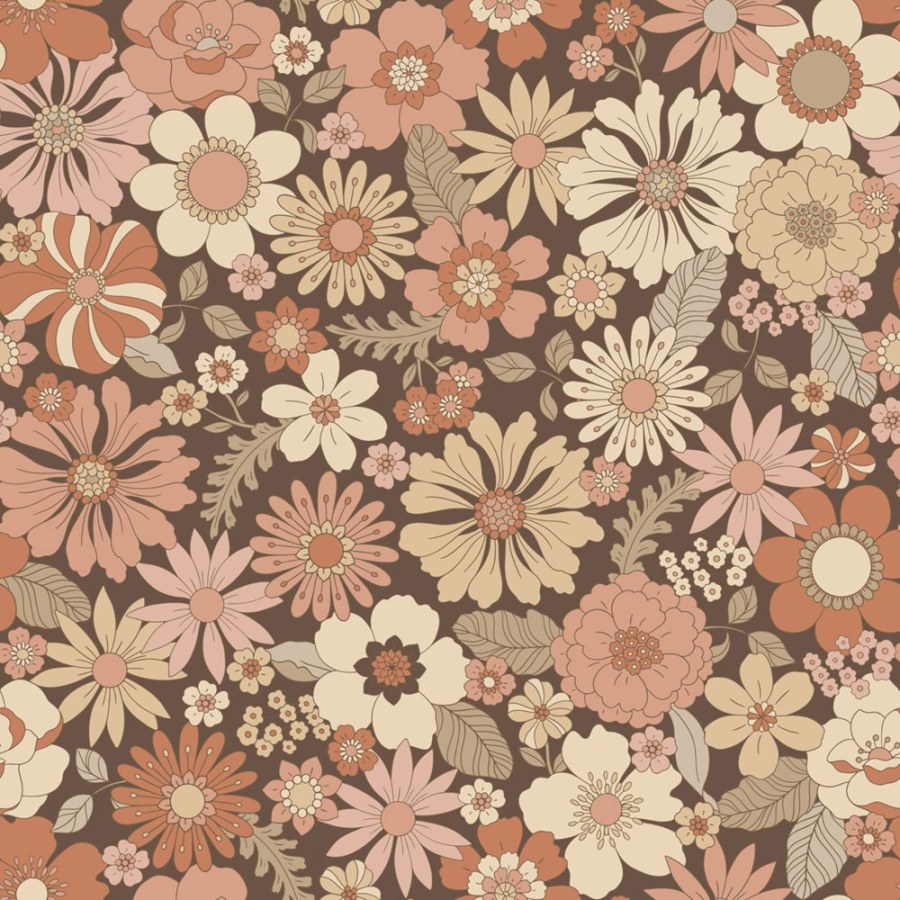 Tapeta s retro květinovým vzorem, hnědá, béžová, Floral Fever, Esta Home Tapeta s retro květinovým vzorem, hnědá, béžová, Floral Fever, Esta Home